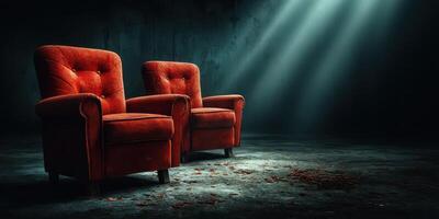 Two red armchairs positioned in a dimly lit room with a mysterious atmosphere and scattered red petals on the floor photo