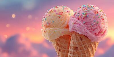 Colorful ice cream cones with sprinkles against a vibrant sunset sky in a warm summer evening setting photo