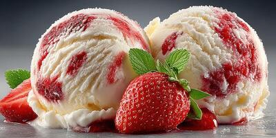 Indulgent vanilla ice cream with strawberry swirls and fresh strawberries for a refreshing dessert experience photo