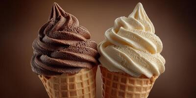 Two delicious ice cream cones featuring chocolate and vanilla flavors served in waffle cones photo