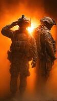 Soldiers salute against a dramatic orange backdrop during a tense moment in a military operation photo