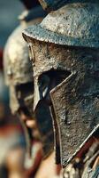 Detailed view of ancient warrior helmets on display in a historical exhibition showcasing military artifacts photo