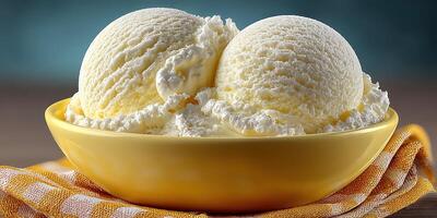 Delicious creamy vanilla ice cream served in a yellow bowl on a checkered cloth background photo