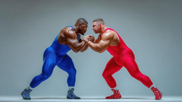 Two wrestlers in colorful outfits prepare for an intense match on a neutral background photo