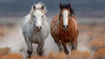 Wild horses sprinting through dusty landscape at sunset in a remote area photo