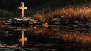 Serene sunset reflection by a stone cross at a peaceful lakeside location surrounded by autumn foliage photo