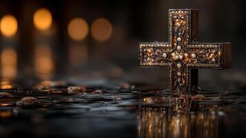 Intricate cross glimmers in serene water while soft lights twinkle in the background at twilight photo
