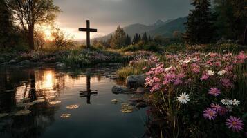 Tranquil sunset by a lake with flowers and a cross in the mountains during early evening photo