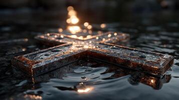 Rusty metal cross resting on calm water surface reflecting light in a serene outdoor setting during late afternoon photo