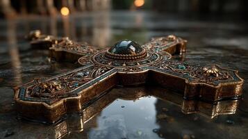 Intricate antique cross resting on a reflective surface in a dimly lit environment surrounded by historical artifacts photo