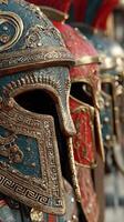 Historical replicas of ornate helmets displayed at a cultural event showcasing ancient warrior attire and craftsmanship photo