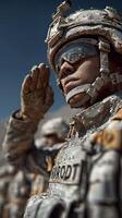 Soldiers honoring their commitment during a military ceremony in a desert area under a clear blue sky photo