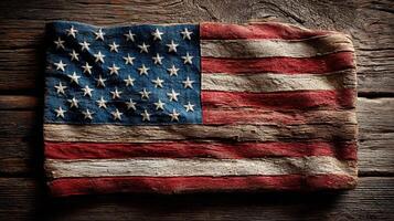 Weathered American flag displayed on rustic wooden surface highlighting its vintage charm and historical significance photo
