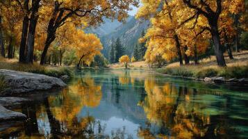 Autumn colors reflect on calm river surrounded by vibrant trees in a serene landscape photo