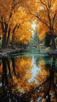 Vibrant autumn colors reflect on a tranquil river surrounded by lush trees and serene nature photo
