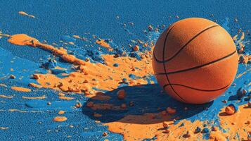 Basketball splashes vibrant paint on textured surface in dynamic and colorful display photo