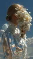 Elegant figure holding a bouquet of white flowers against a serene, cloudy background during golden hour photo