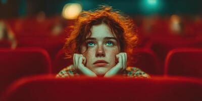 Young girl shows a contemplative expression while sitting in a theater with red seats during a film screening in the evening photo