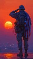 Soldier saluting the sunset while draped in an American flag during a quiet evening at the military base photo