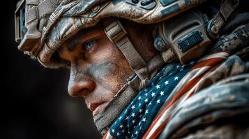 Soldier with intense expression wearing camouflage and American flag bandana during military operation in uncertain conditions photo
