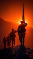 Soldiers salute at sunset with flag during military ceremony on mountain ridge photo