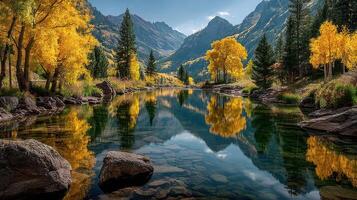 Vibrant autumn landscape with golden trees reflected in a serene mountain lake during midday photo