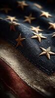 Detailed view of an American flag highlighting stars and fabric textures during a sunny day in a quiet outdoor setting photo