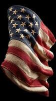 American flag waving proudly in a dramatic and artistic display against a dark background photo