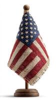 Decorative American flag displayed on a wooden stand in a bright, minimalistic setting photo