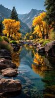 Autumn colors reflect in a serene river surrounded by majestic mountains in a tranquil valley photo