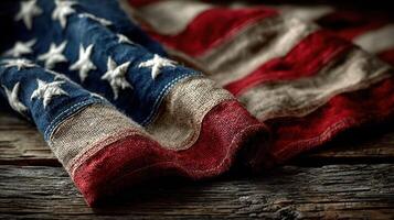 Vintage American flag draped over rustic wooden surface in warm light showcasing its faded colors photo