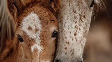 Close bond between a foal and its mother highlights the beauty of nature in a serene farm setting photo