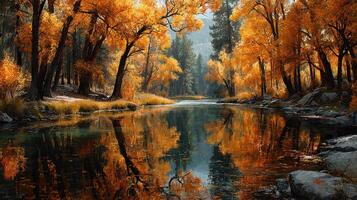 Vibrant autumn landscape showing colorful trees reflecting in a serene river during early morning photo