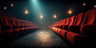Empty theater with red velvet seats illuminated by soft lights at night creating a nostalgic atmosphere photo