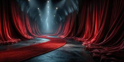 Elegant red carpet pathway leading to dramatic curtains in a spotlighted venue during an evening gala event photo