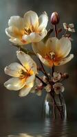 Delicate blossoms in a clear vase evoke tranquility and beauty in a serene indoor setting photo