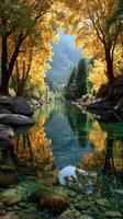 Autumn trees reflect on tranquil river surrounded by mountains in a serene nature setting photo