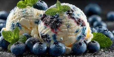 Delicious blueberry and vanilla ice cream scoops garnished with fresh mint leaves on a dark surface photo