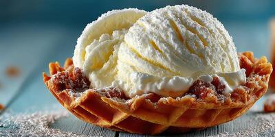 Delicious vanilla ice cream scoops served in a crispy waffle bowl with a sprinkle of powdered sugar photo