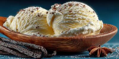 Creamy vanilla ice cream served in a wooden bowl with chocolate shavings and star anise against a blue background photo