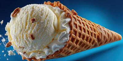 Creamy vanilla ice cream cone with crunchy topping against a blue background photo