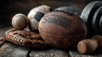 Collection of vintage sports equipment including a football, baseball, and weights on a rustic wooden surface photo