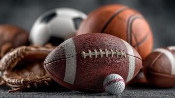 Collection of various sports balls including basketball, soccer, baseball, and football displayed on a textured surface photo