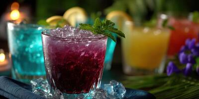 Vibrant cocktails in glasses with ice and garnishes at an outdoor gathering during a warm summer evening photo