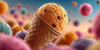 Colorful ice cream cone surrounded by floating scoops in a vibrant background at sunset photo