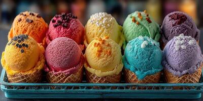 Colorful array of ice cream scoops displayed on waffle cones at a dessert shop in the summer afternoon photo