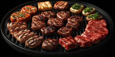 Grilling a variety of meats with vibrant colors and textures on a sleek grill surface photo