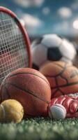 Collection of various sports balls arranged on grass with a tennis racket in the background during daylight photo