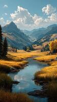 Scenic autumn landscape with golden fields, mountains, and a flowing river under a blue sky photo