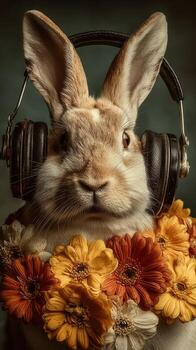 Rabbit wearing headphones surrounded by colorful flowers in a playful scene at a bright and cheerful setting photo